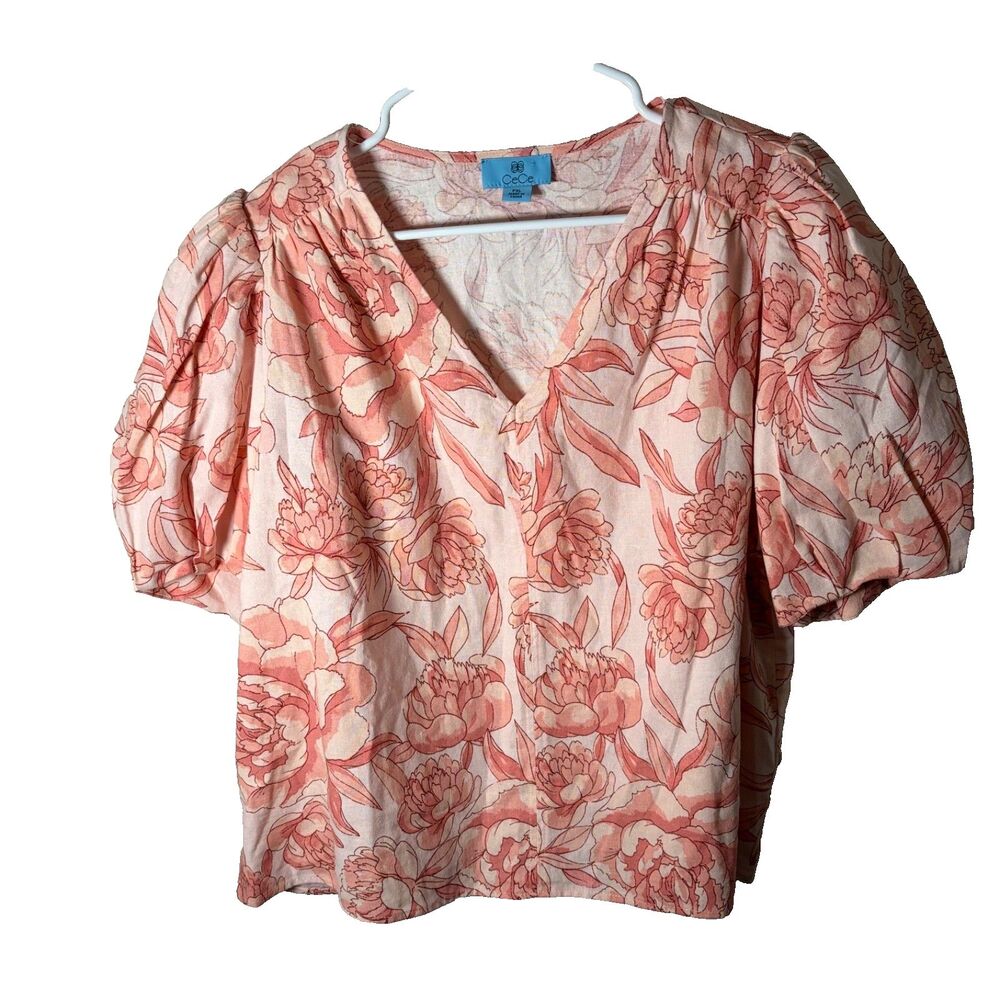 Cece Blouse Women's Petite XL V-Neck Puff Sleeve Floral Boho Casual Top